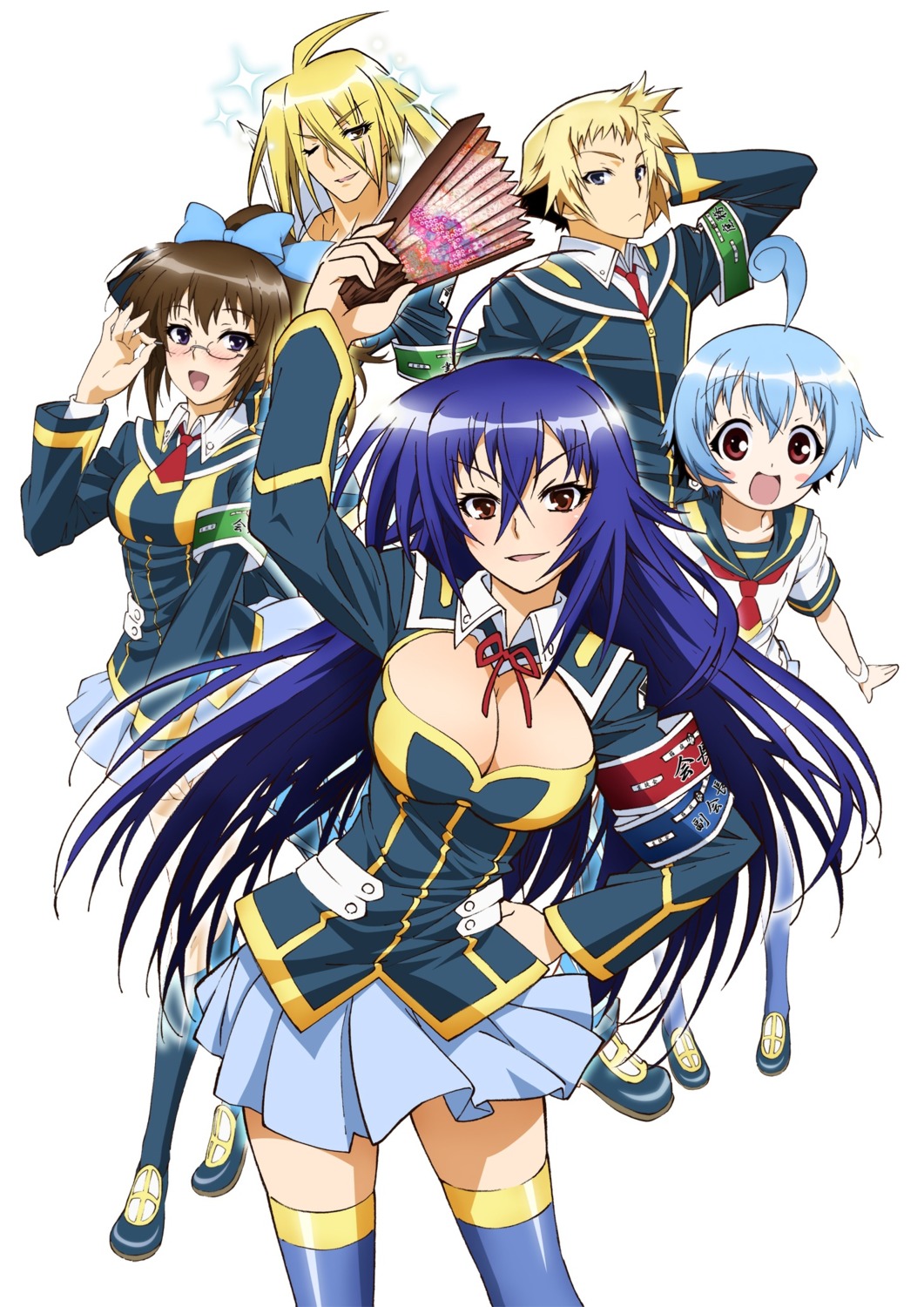 akune_kouki, cleavage, hitoyoshi_zenkichi, kikaijima_mogana, kurokami_medaka, medaka_box, megane, seifuku