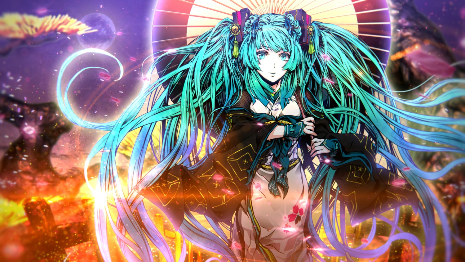 hatsune_miku, japanese_clothes, kimono, nagimiso, vocaloid, wallpaper