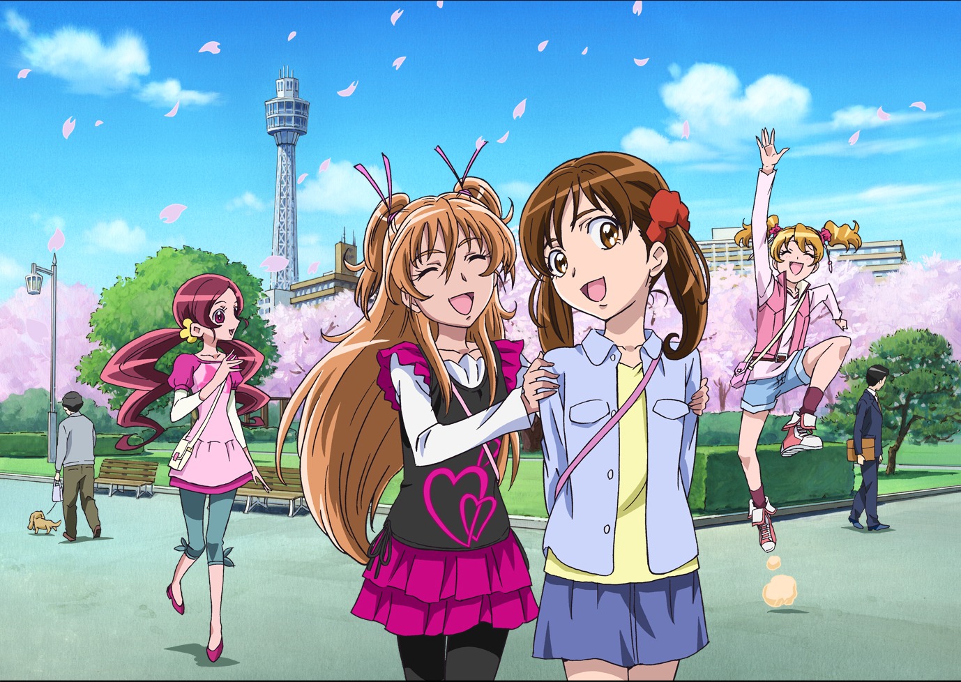 aoyama_mitsuru, crossover, fresh_precure!, hanasaki_tsubomi, heartcatch_precure!, houjou_hibiki, momozono_love, pantyhose, precure, sakagami_ayumi, suite_precure