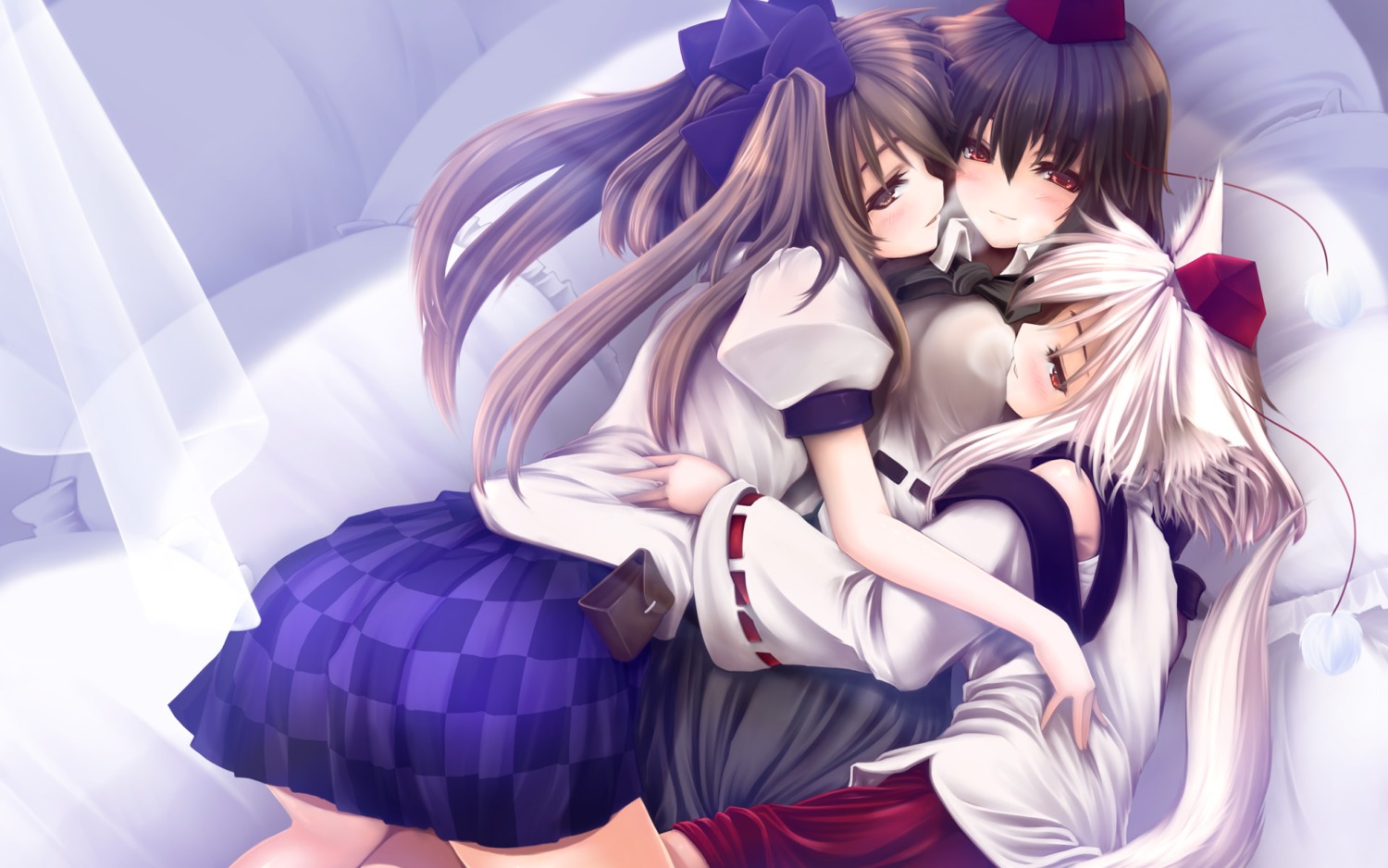 .npg, animal_ears, miko, tail, wallpaper, yuri