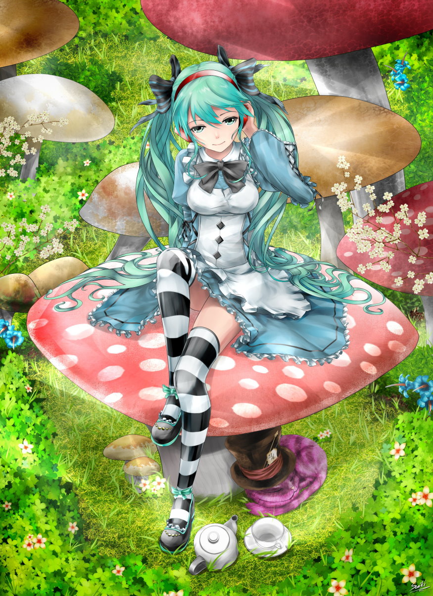alice_in_wonderland, cheshire_cat, cosplay, dress, hatsune_miku, saiki, thighhighs, vocaloid