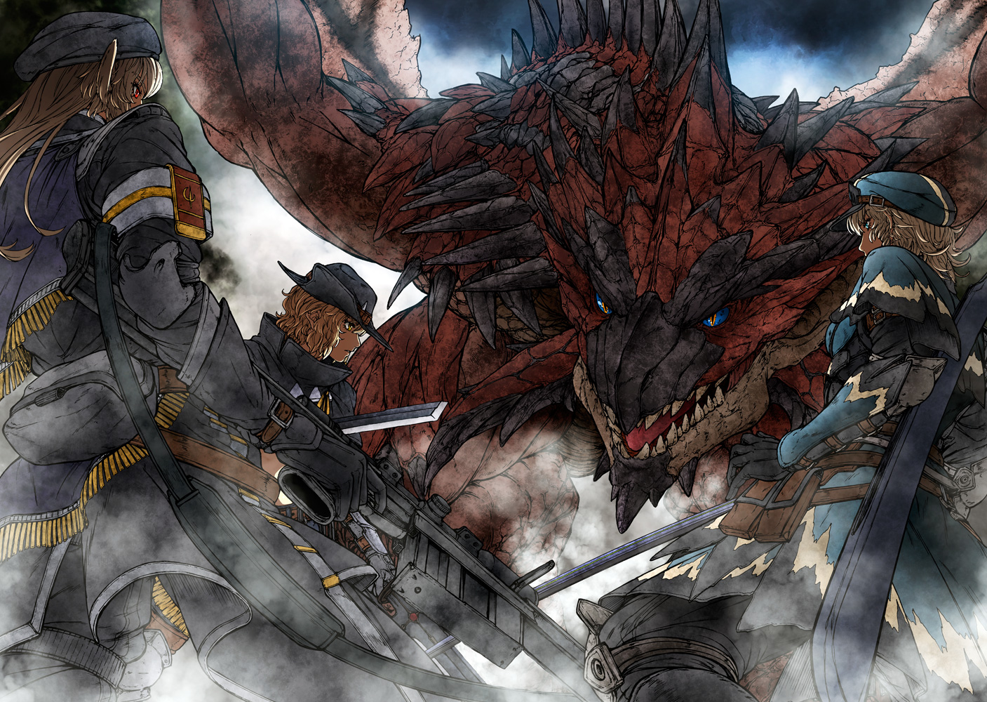 crossover, gun, imizu_(nitro_unknown), izayoi_sakuya, kirisame_marisa, monster, monster_hunter, rathalos, reisen_udongein_inaba, sword, touhou