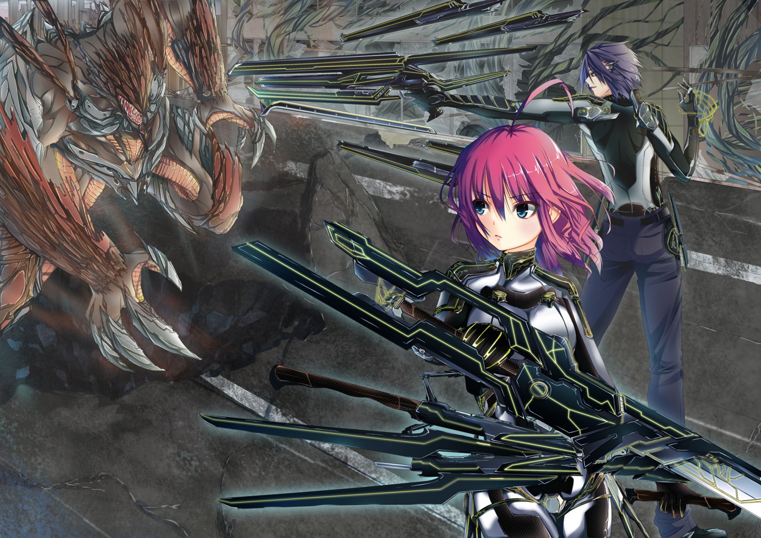 aki_ii, bodysuit, gun, monster
