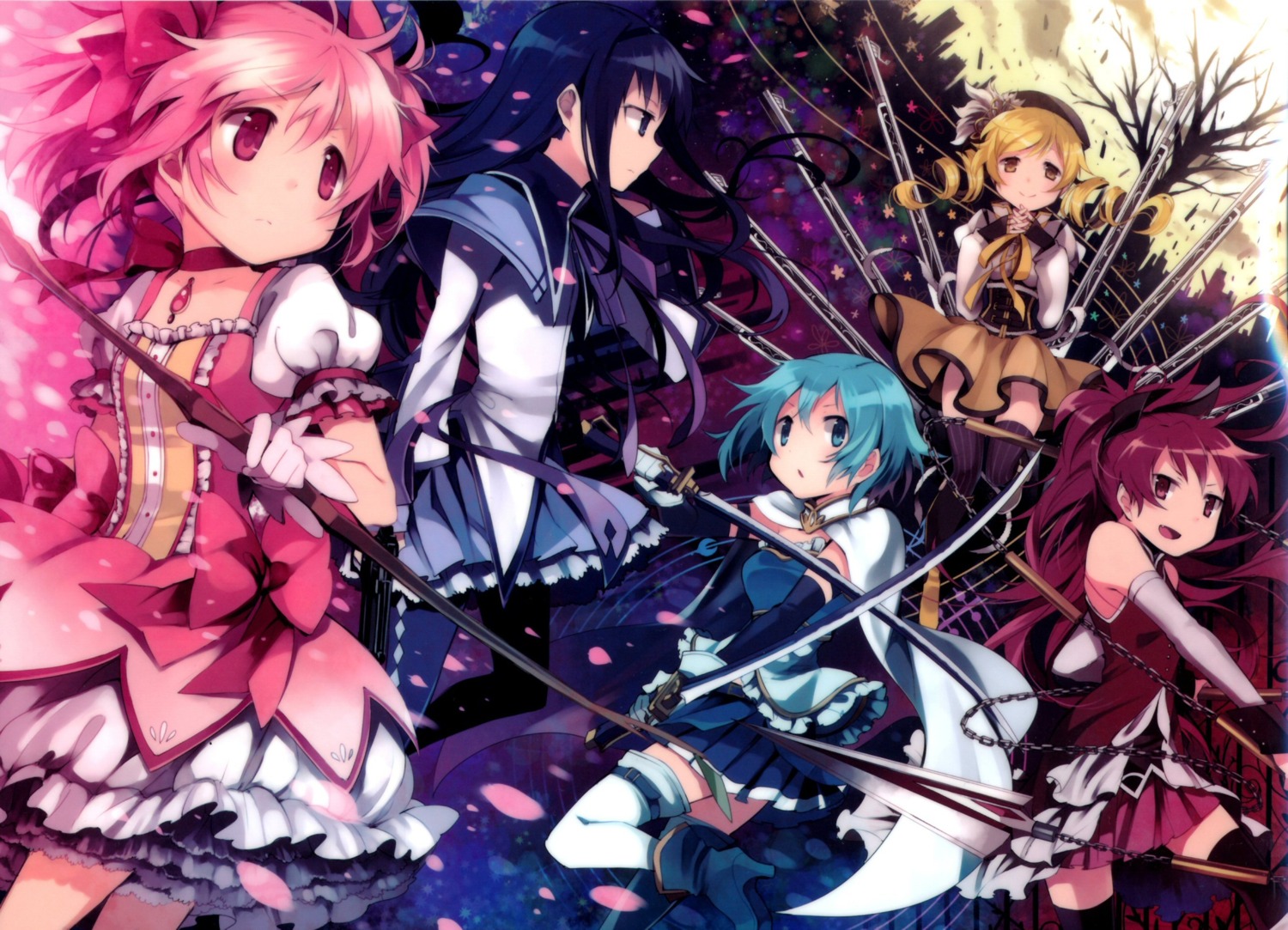 akemi_homura, gun, hanokage, kaname_madoka, mahou_shoujo_madoka_magica, miki_sayaka, sakura_kyouko, sword