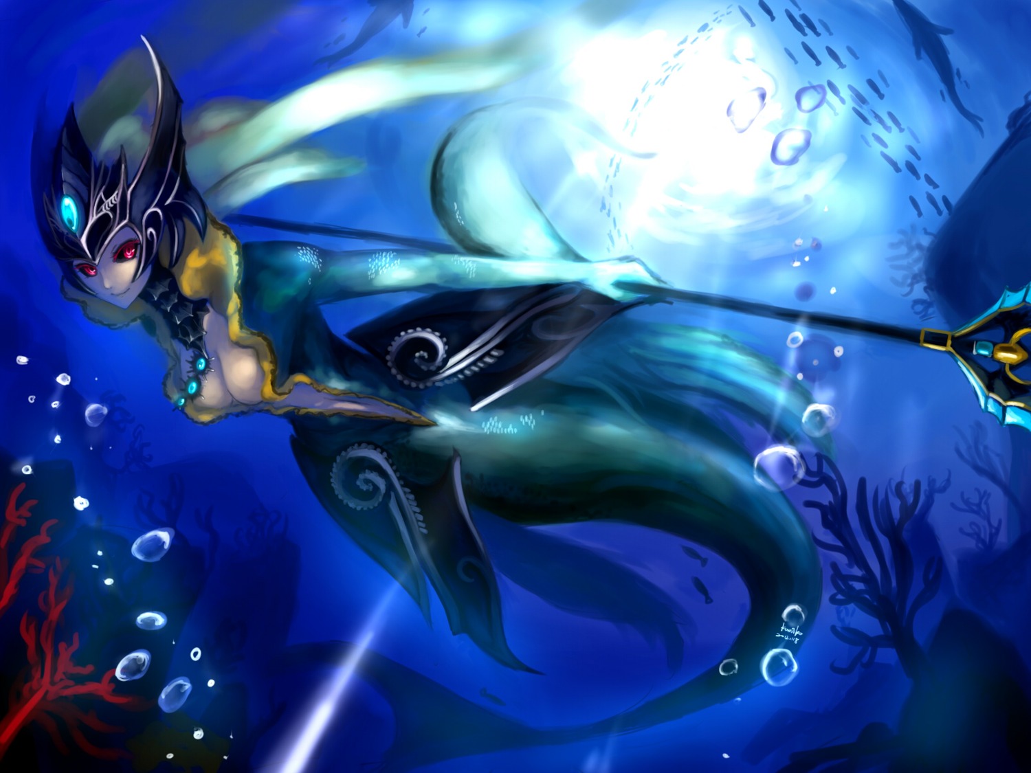 cleavage, kumiko_shiba, league_of_legends, mermaid, monster_girl, nami_(league_of_legends), wallpaper