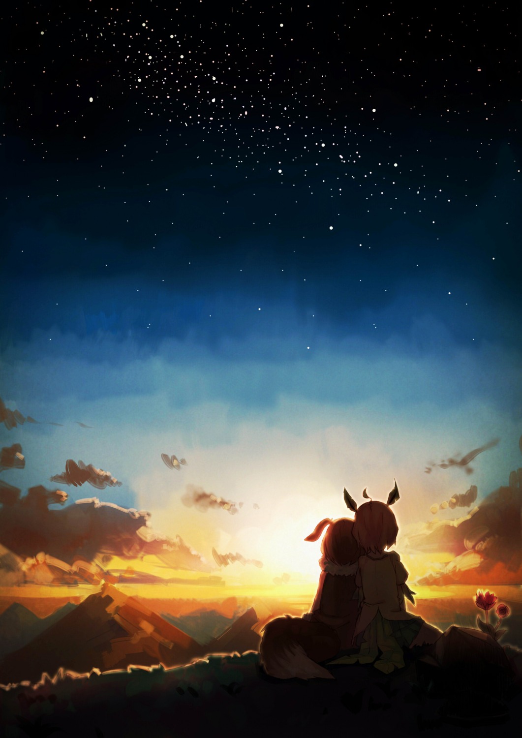 animal_ears, black_flame, landscape, tail