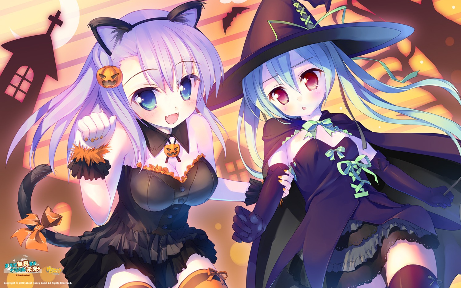 aete_mushisuru_kimi_to_no_mirai_~relay_broadcast~, alcot_honeycomb, animal_ears, cleavage, halloween, manabe_kei, nekomimi, sawatari_nanagi, tail, takoyaki, thighhighs, wallpaper, witch
