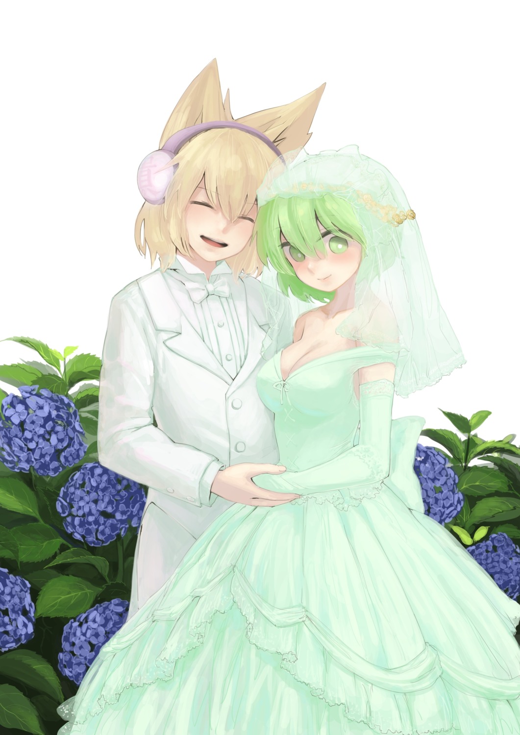 cleavage, dress, sdmaiden, soga_no_tojiko, touhou, toyosatomimi_no_miko, wedding_dress