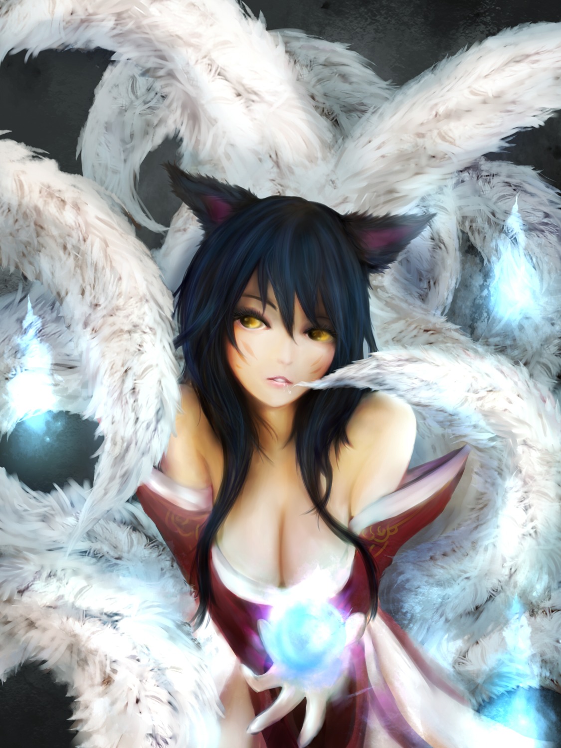 ahri, animal_ears, cleavage, kitsune, league_of_legends, tail, zhang_xiao_bo