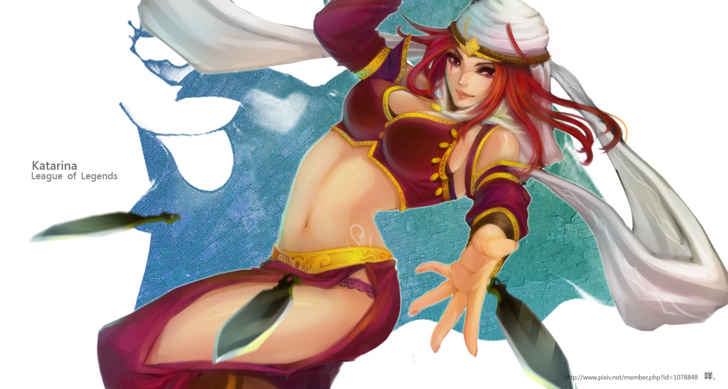 bra, cleavage, katarina_du_couteau, league_of_legends, monzuki, pantsu, sword