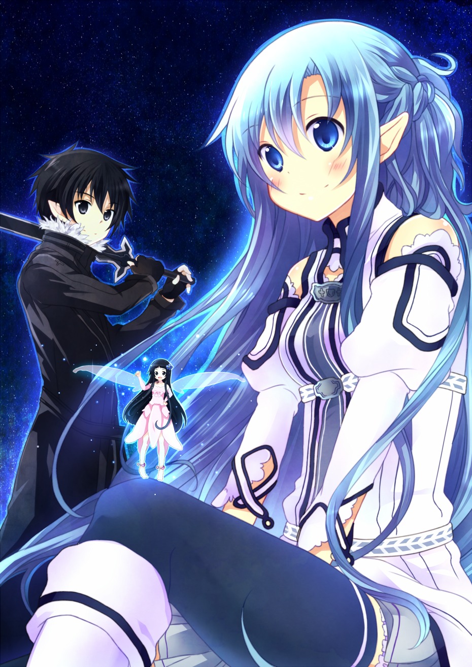 alfheim_online, asuna_(sword_art_online), elf, hanahubuki_deluxe., kirito, pointy_ears, sword, sword_art_online
