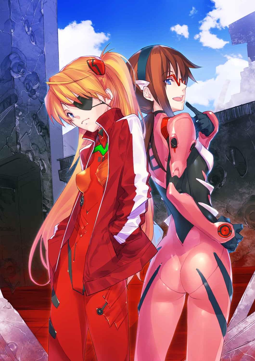 aikura_chihiro, bodysuit, eyepatch, makinami_mari_illustrious, megane, neon_genesis_evangelion, souryuu_asuka_langley