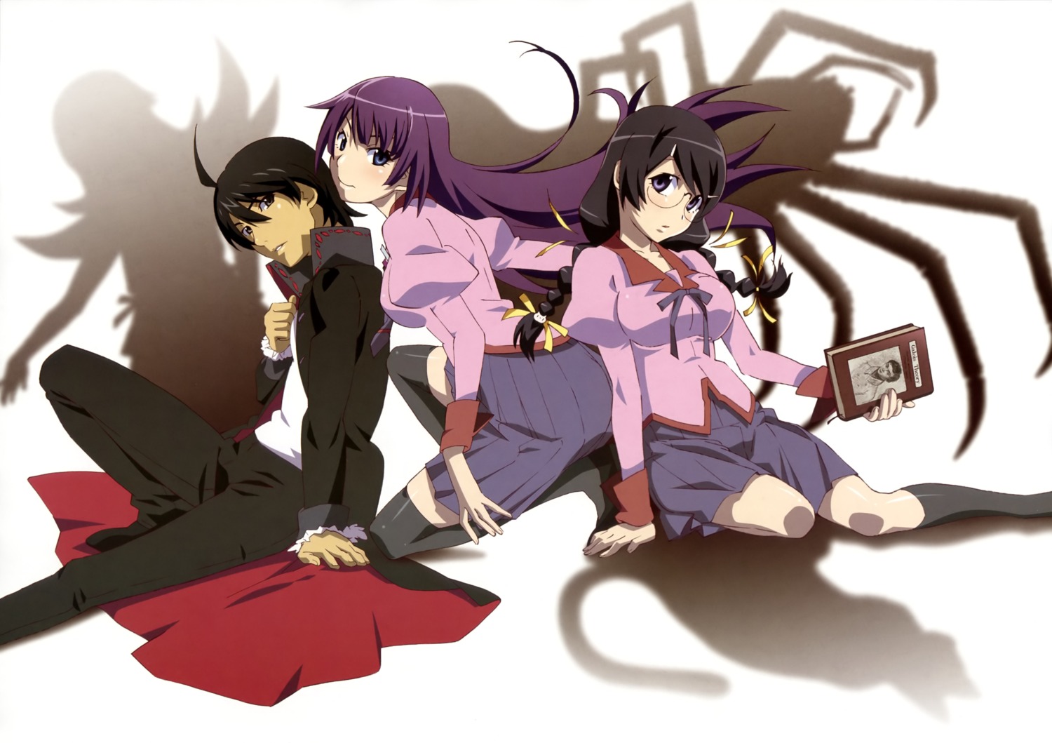 araragi_koyomi, bakemonogatari, hanekawa_tsubasa, megane, monogatari_(series), muroi_fumie, seifuku, senjougahara_hitagi, thighhighs