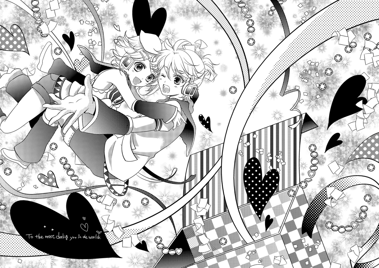 headphones, kagamine_len, kagamine_rin, monochrome, perico, vocaloid