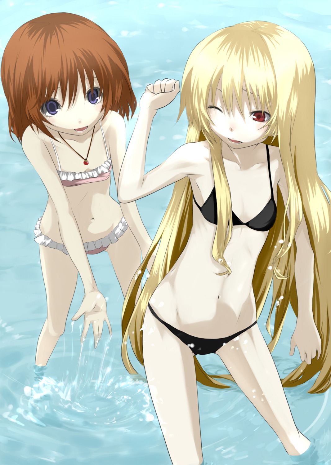 bikini, fate_testarossa, mahou_shoujo_lyrical_nanoha, saimon_(pixiv), swimsuits, takamachi_nanoha