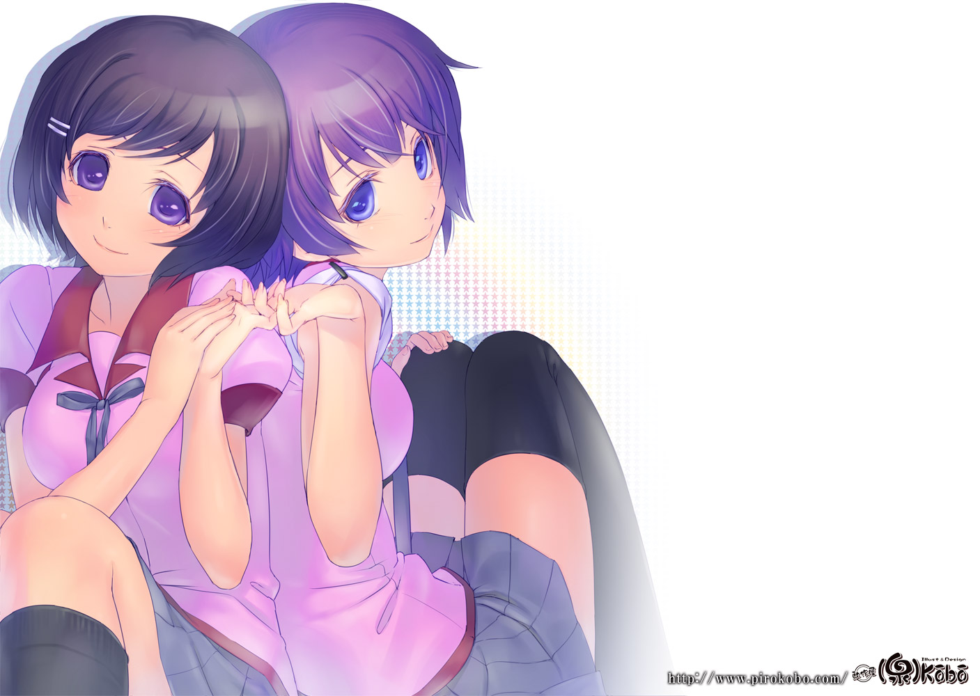 bakemonogatari, hanekawa_tsubasa, monogatari_(series), piro_(artist), seifuku, senjougahara_hitagi, thighhighs