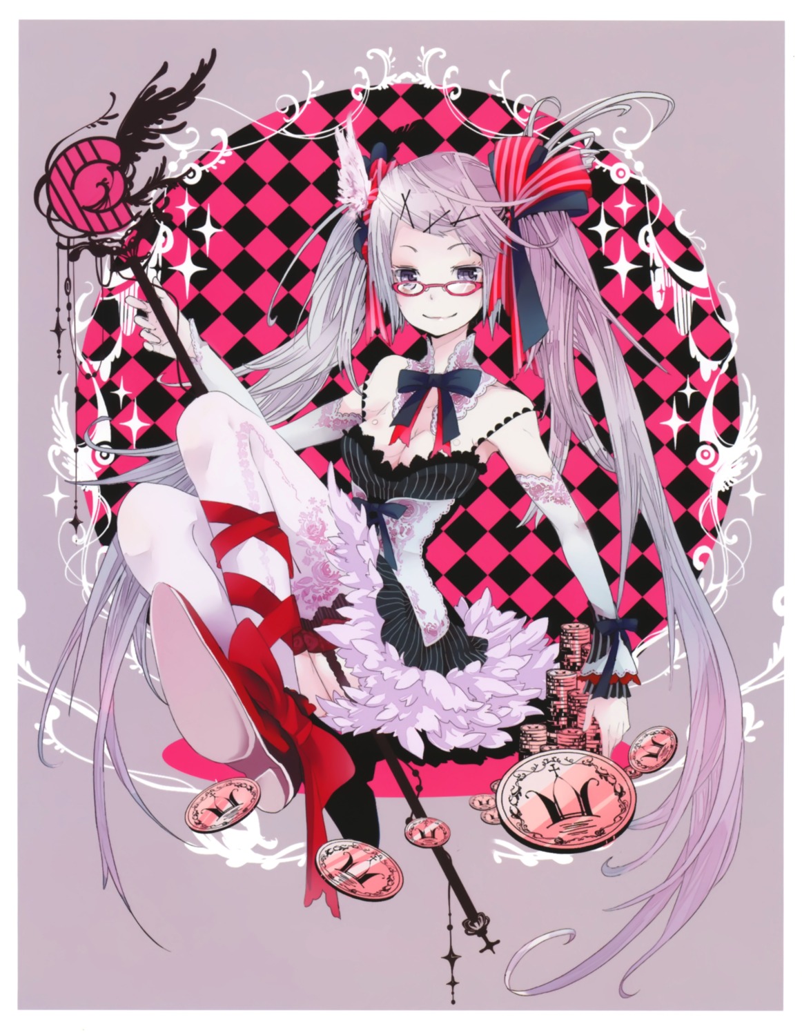 bachiko, cleavage, dress, kaku-san-sei_million_arthur, megane, stockings, thighhighs, weapon