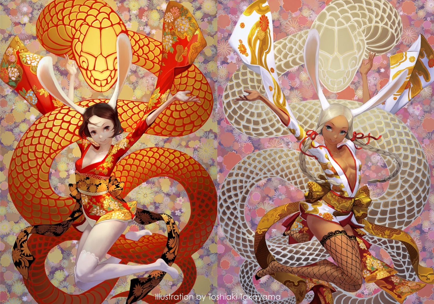 animal_ears, bunny_ears, cleavage, fishnets, kimono, lolita_fashion, no_bra, takayama_toshiaki