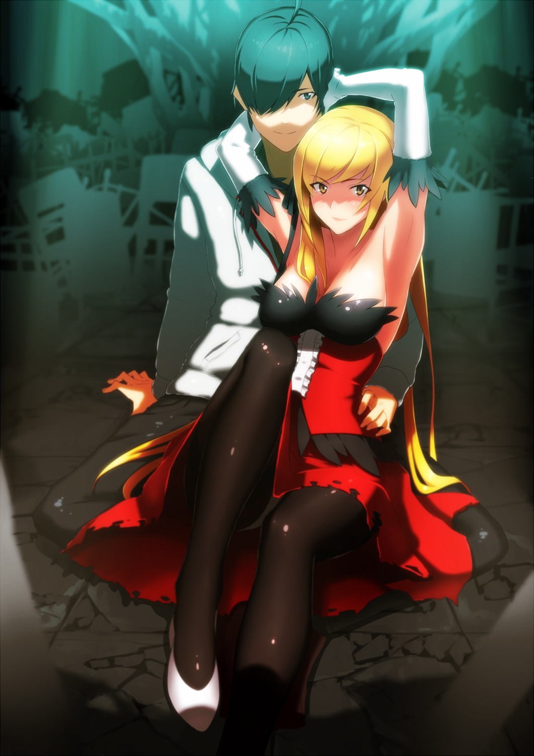 araragi_koyomi, bakemonogatari, cleavage, dress, monogatari_(series), onsen_(artist), oshino_shinobu, pantyhose