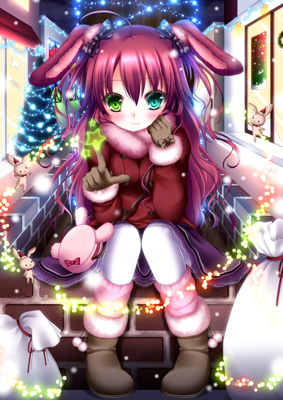 animal_ears, bunny_ears, christmas, heterochromia, shitou, stockings, thighhighs