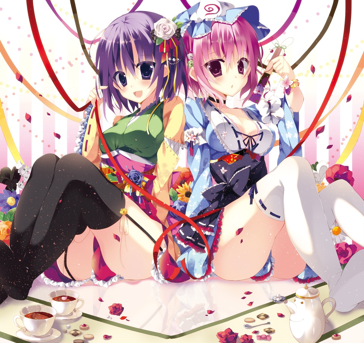 cleavage, hieda_no_akyuu, saigyouji_yuyuko, stockings, sushimekabu, thighhighs, touhou