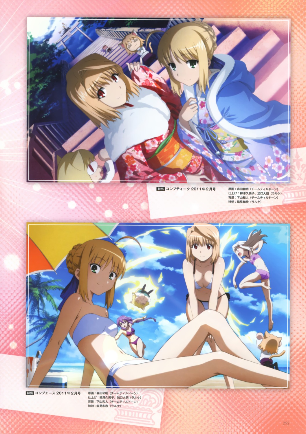 animal_ears, arcueid_brunestud, artoria_pendragon_(fate), bikini, chibi, cleavage, crossover, fate/stay_night
