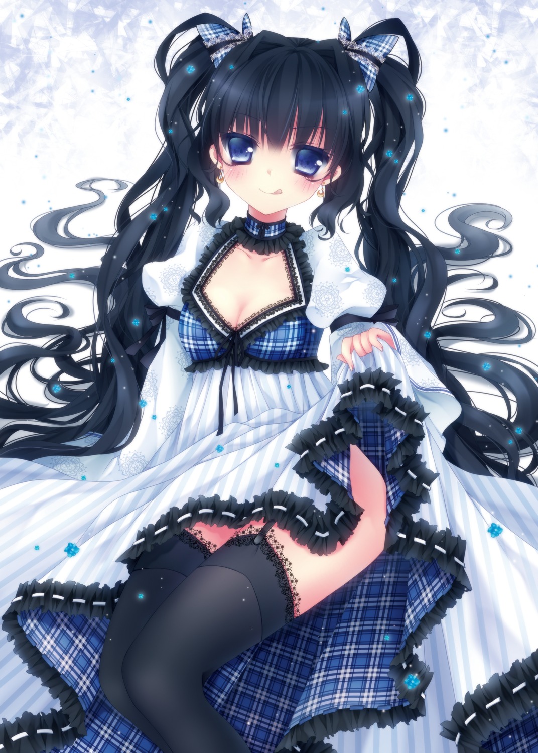 cleavage, mikazuki_sara, skirt_lift, stockings, thighhighs