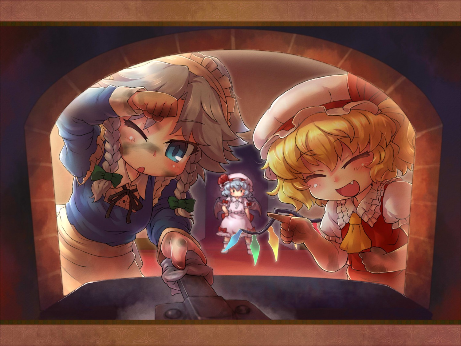 flandre_scarlet, izayoi_sakuya, remilia_scarlet, sankuma, touhou, wallpaper