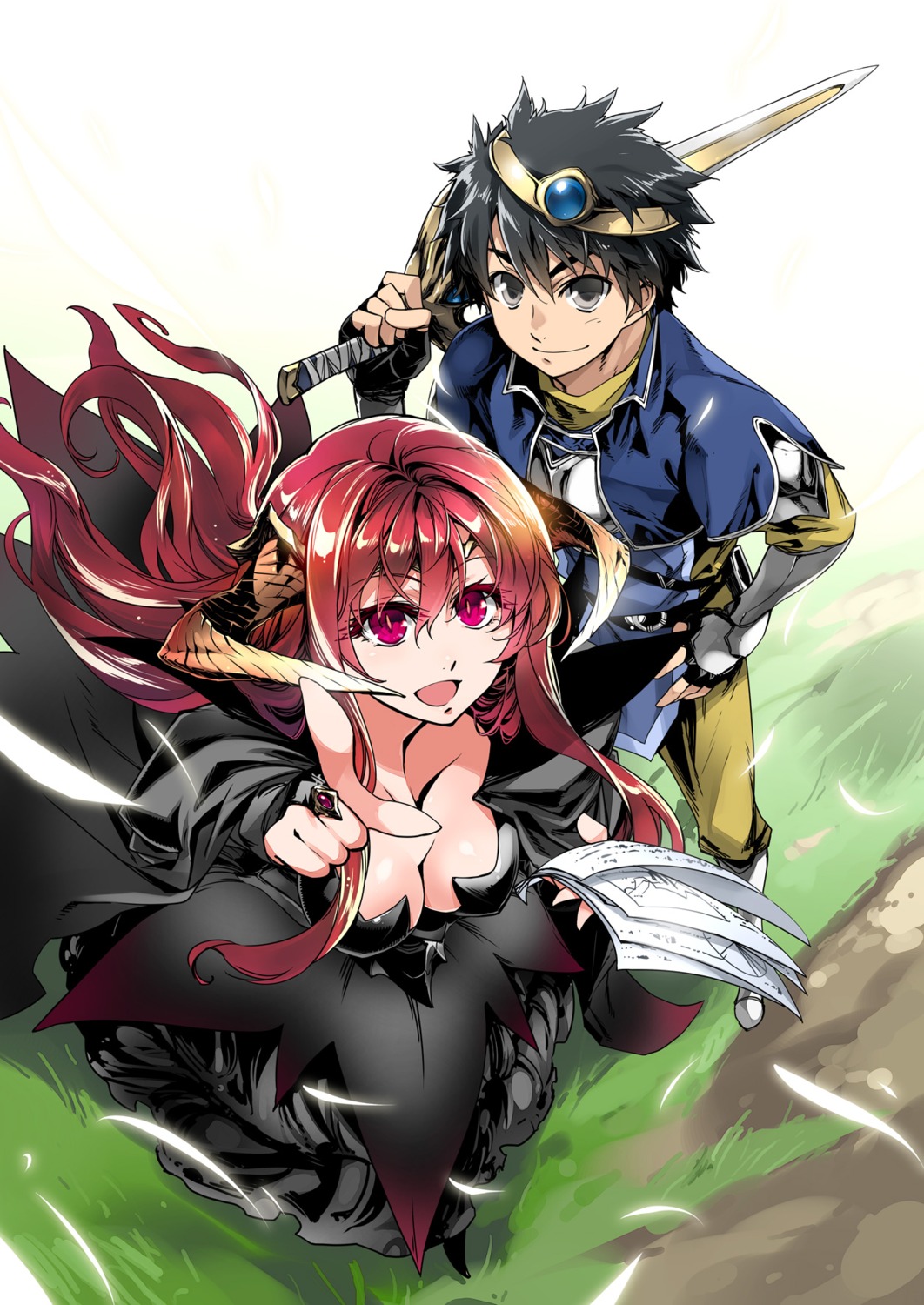 cleavage, dress, horns, ishida_akira, maou_(maoyuu_maou_yuusha), maoyuu_maou_yuusha, sword, yuusha