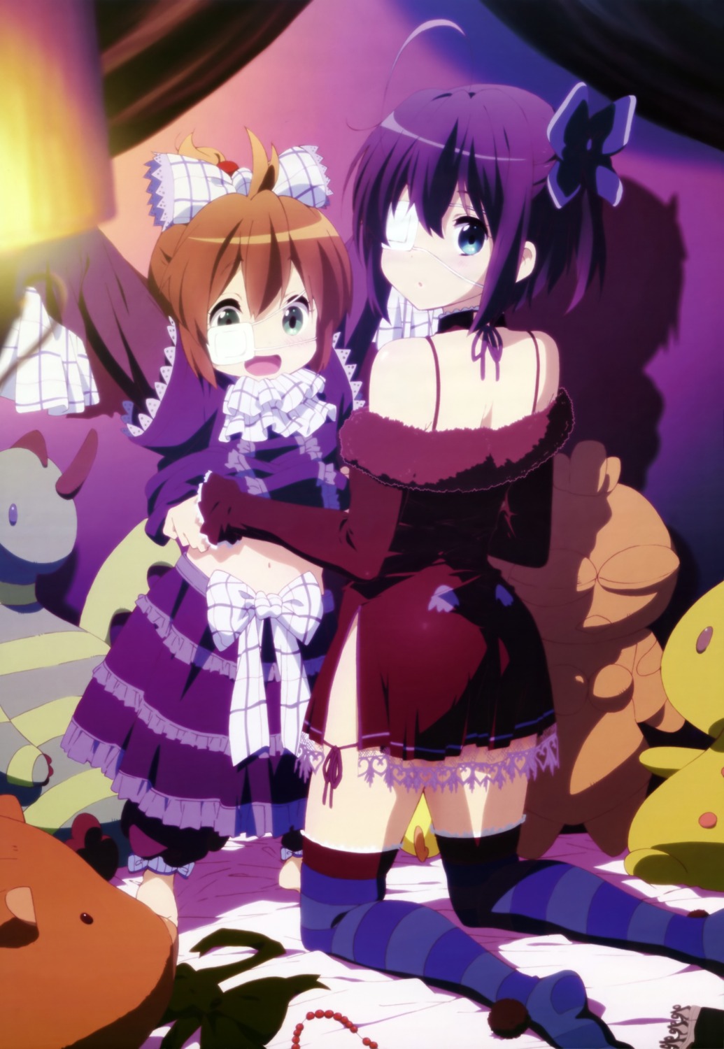 chuunibyou_demo_koi_ga_shitai!, cosplay, eyepatch, sawa_shinpei, takanashi_rikka, thighhighs, togashi_yumeha, undressing