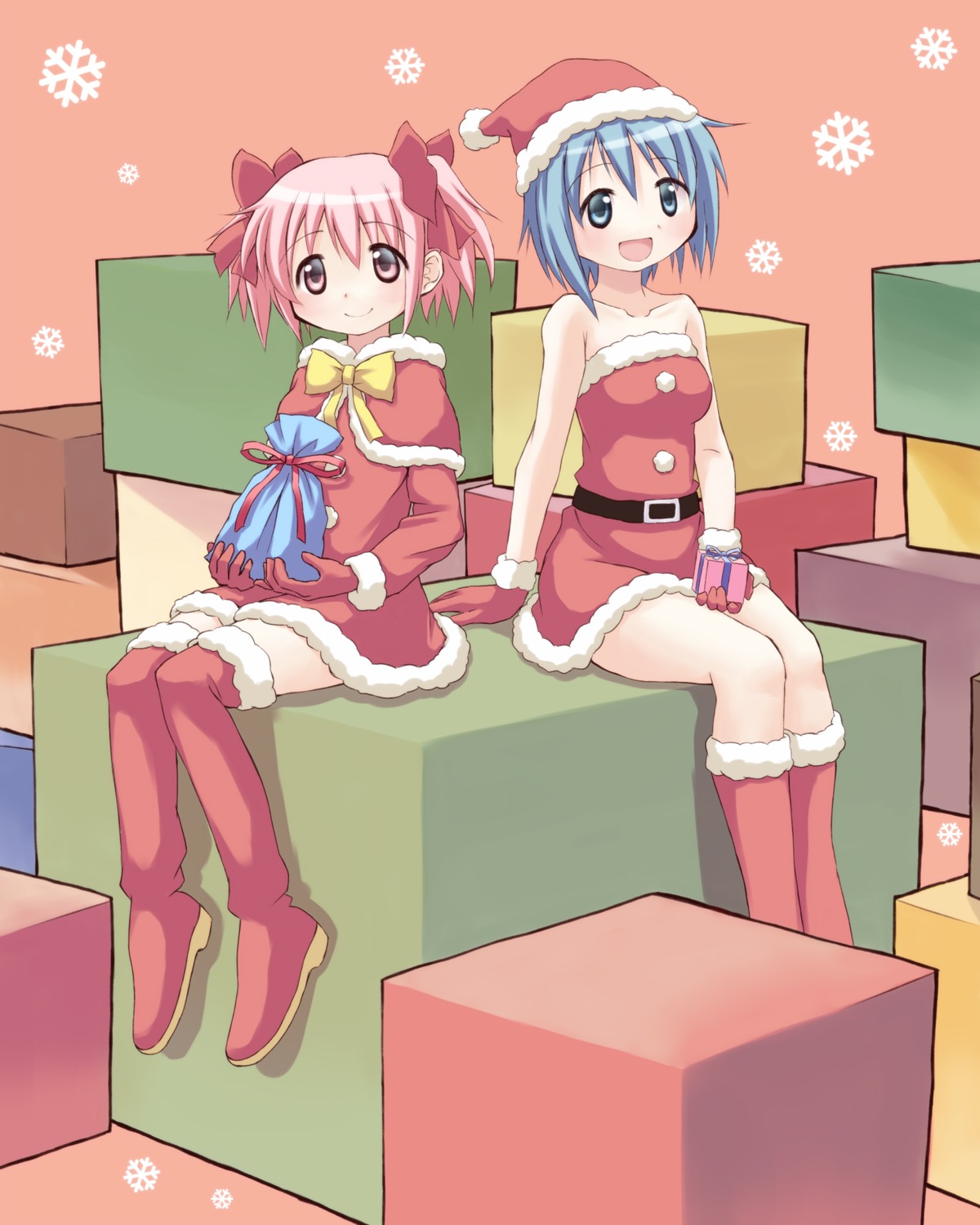 christmas, gonzaburou, kaname_madoka, mahou_shoujo_madoka_magica, miki_sayaka, thighhighs