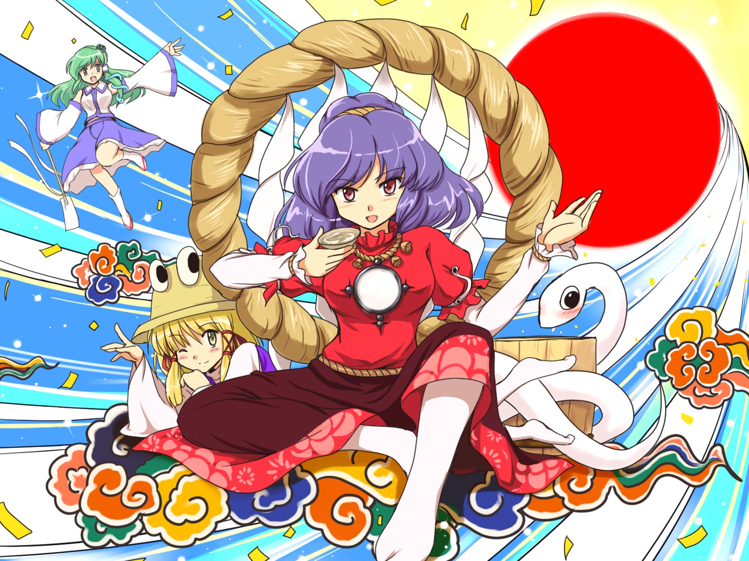 flx, kochiya_sanae, mishaguji, moriya_suwako, touhou, wallpaper, yasaka_kanako