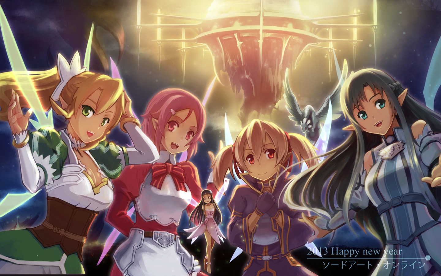 alfheim_online, armor, asuna_(sword_art_online), cleavage, leafa, lisbeth, pina, pointy_ears, silica, sword_art_online, tienao, wings, yui_(sword_art_online)