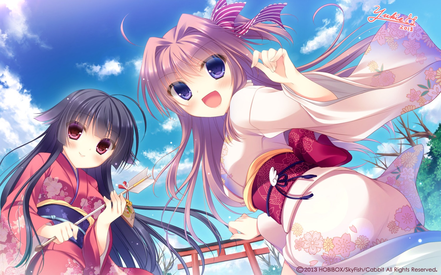 azuse_matsuri, cabbit, fusehime, kimi_e_okuru_sora_no_hana, skyfish, tsukumo_no_kanade, wallpaper, yukata, yukie