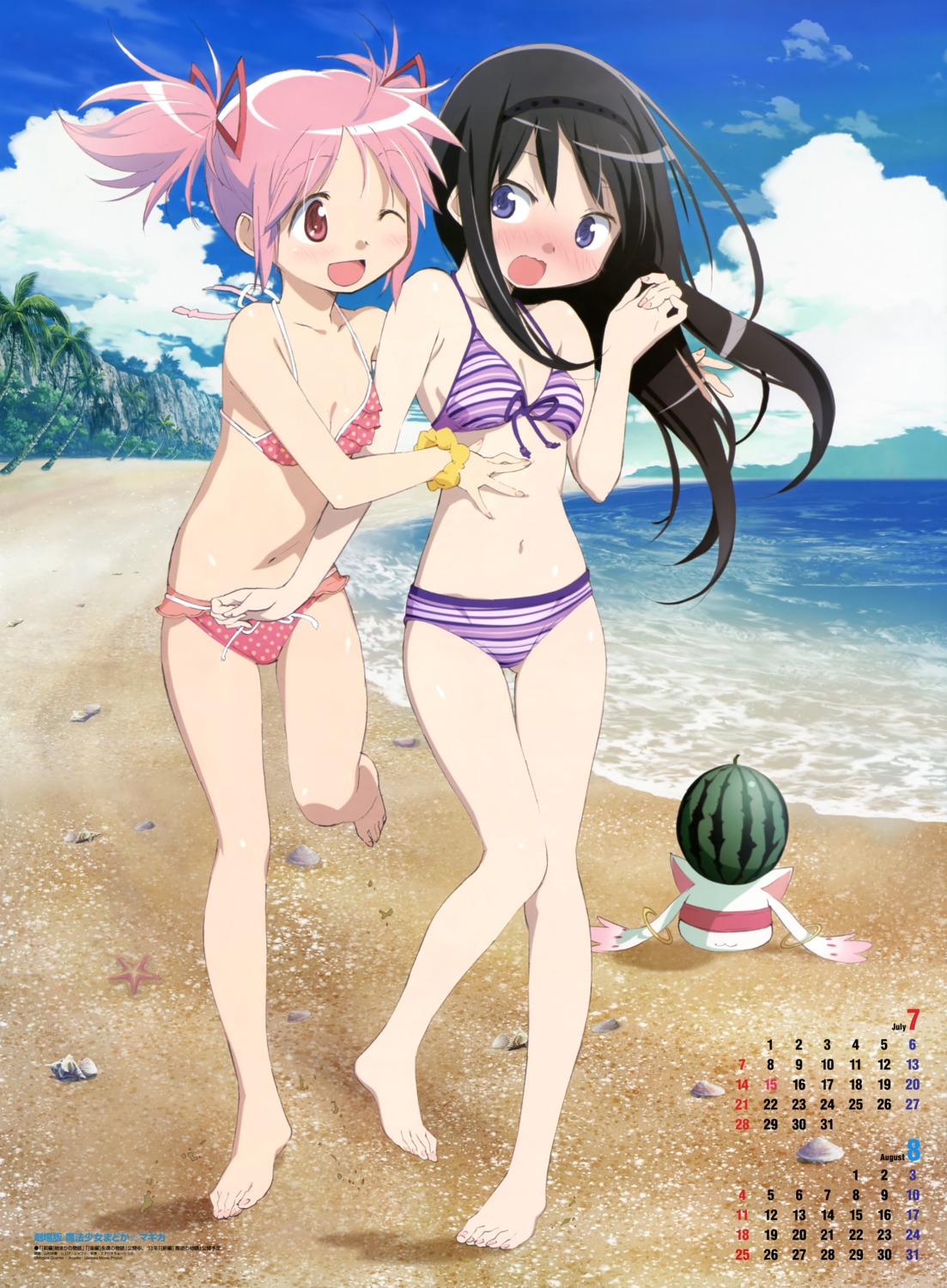 akemi_homura, bikini, calendar, cleavage, feet, kaname_madoka, kyubey, mahou_shoujo_madoka_magica, swimsuits, yamamura_hiroki