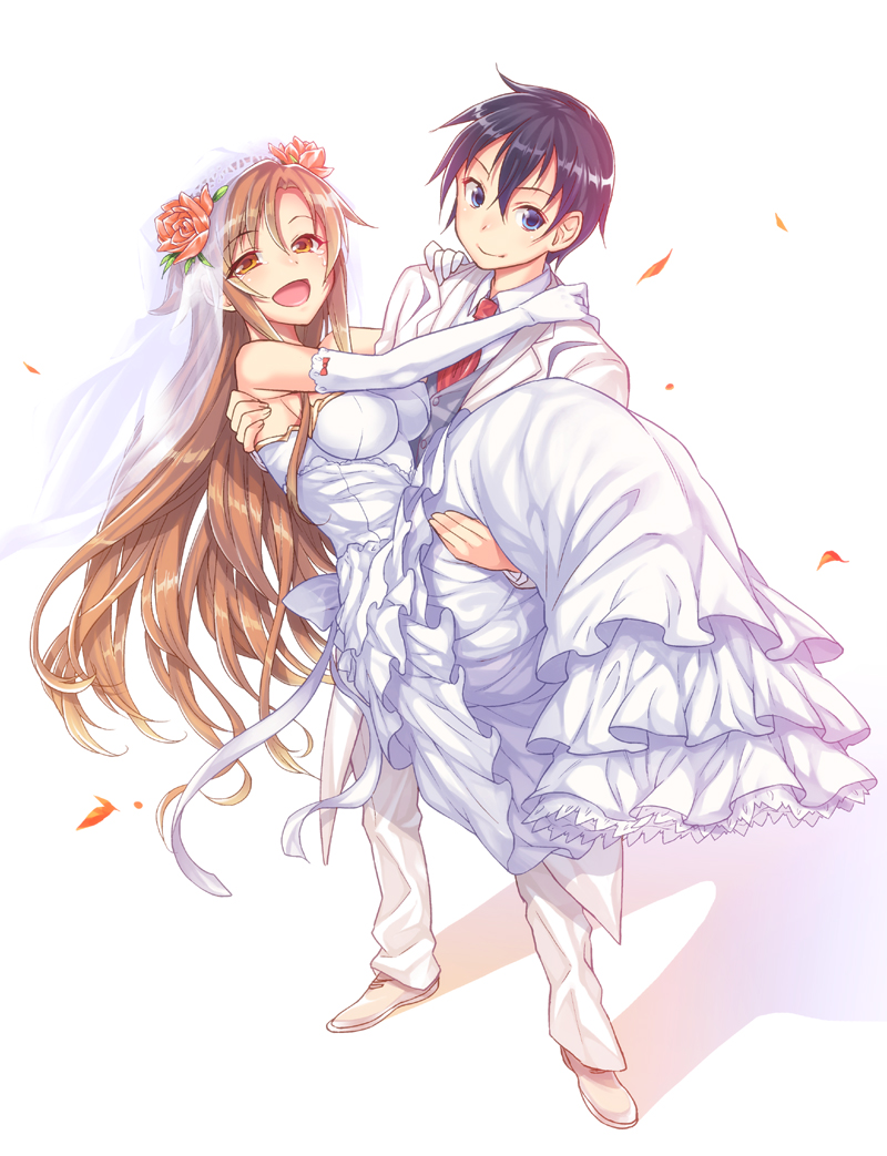 akihazama, asuna_(sword_art_online), dress, kirito, sword_art_online, wedding_dress