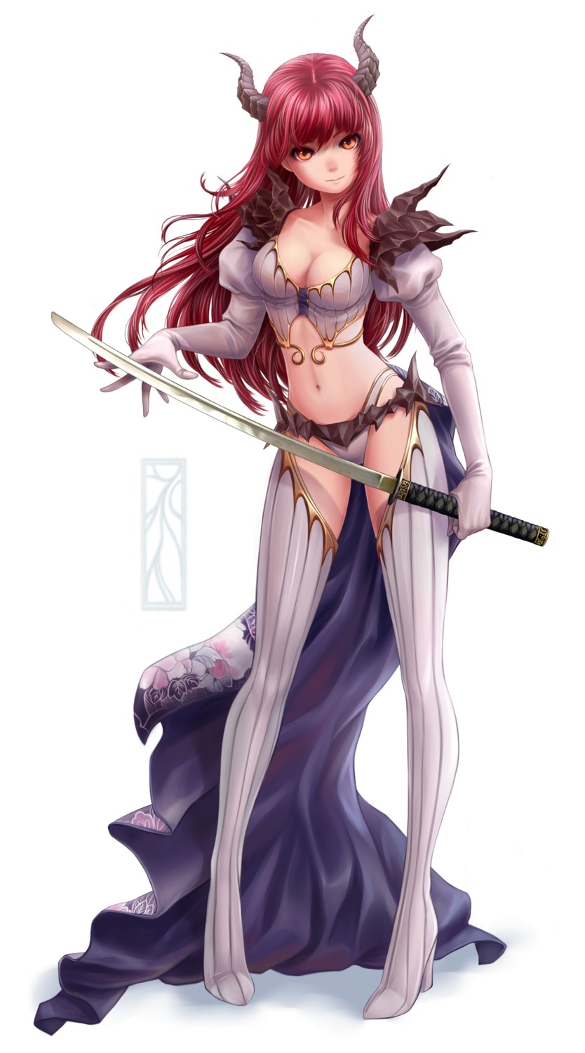 cleavage, horns, kotikomori, sword, thighhighs