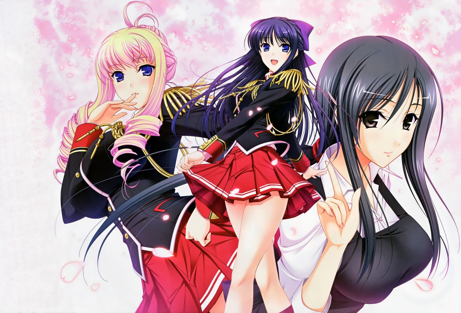 bertille_althusser, hiiragi_ayako, jpeg_artifacts, komori_kei, ricotta, ryuuzouji_akane, seifuku, skirt_lift