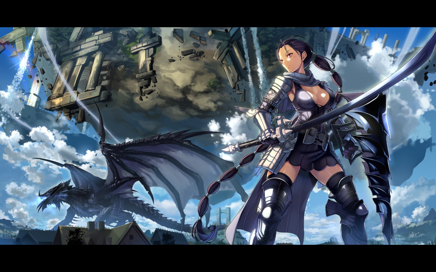 armor, beek, cleavage, mabinogi_heroes, monster, sword, thighhighs, wallpaper