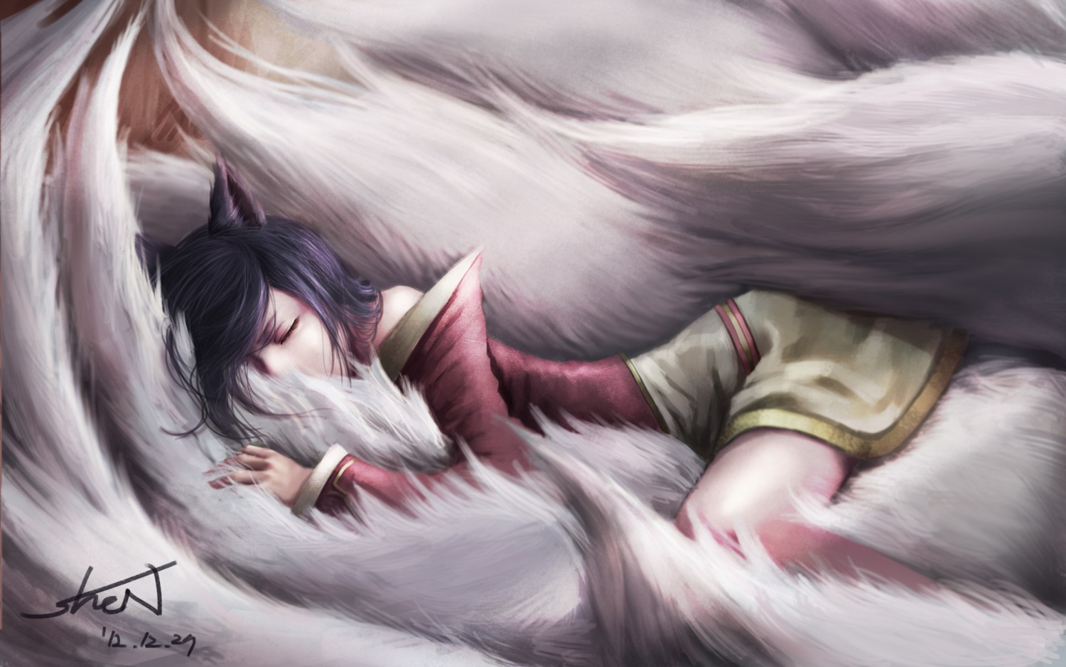 ahri, animal_ears, kitsune, league_of_legends, shen, tail, wallpaper