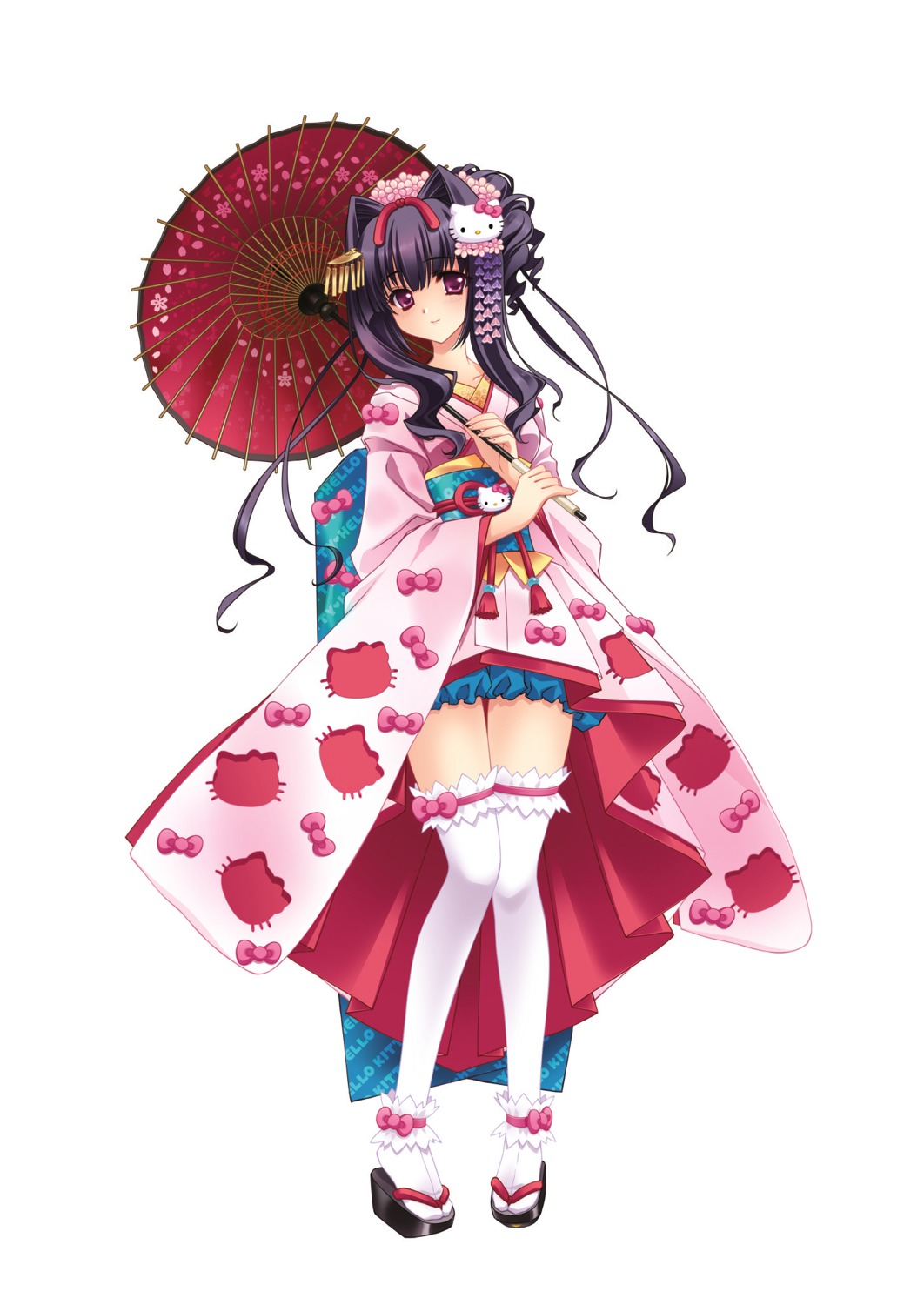 carnelian, garter, hello_kitty, kimono, miyabi_sakuya, thighhighs