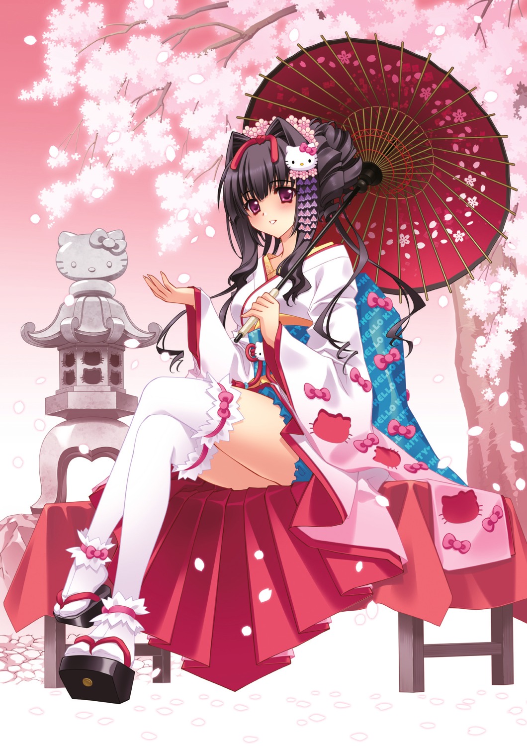 carnelian, garter, hello_kitty, japanese_clothes, jpeg_artifacts, miyabi_sakuya, thighhighs