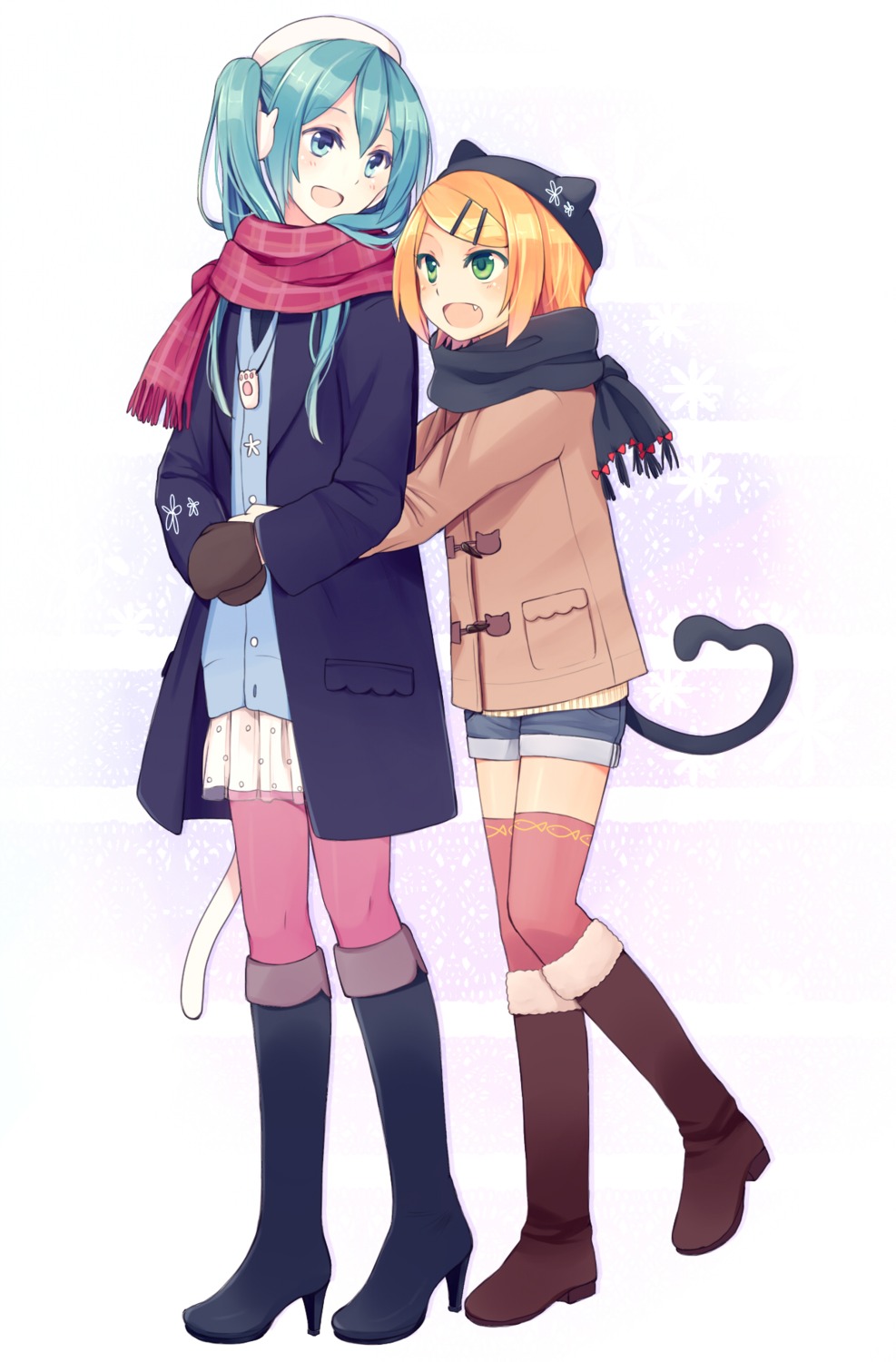 hatsune_miku, kagamine_rin, tail, thighhighs, vocaloid, wadaka