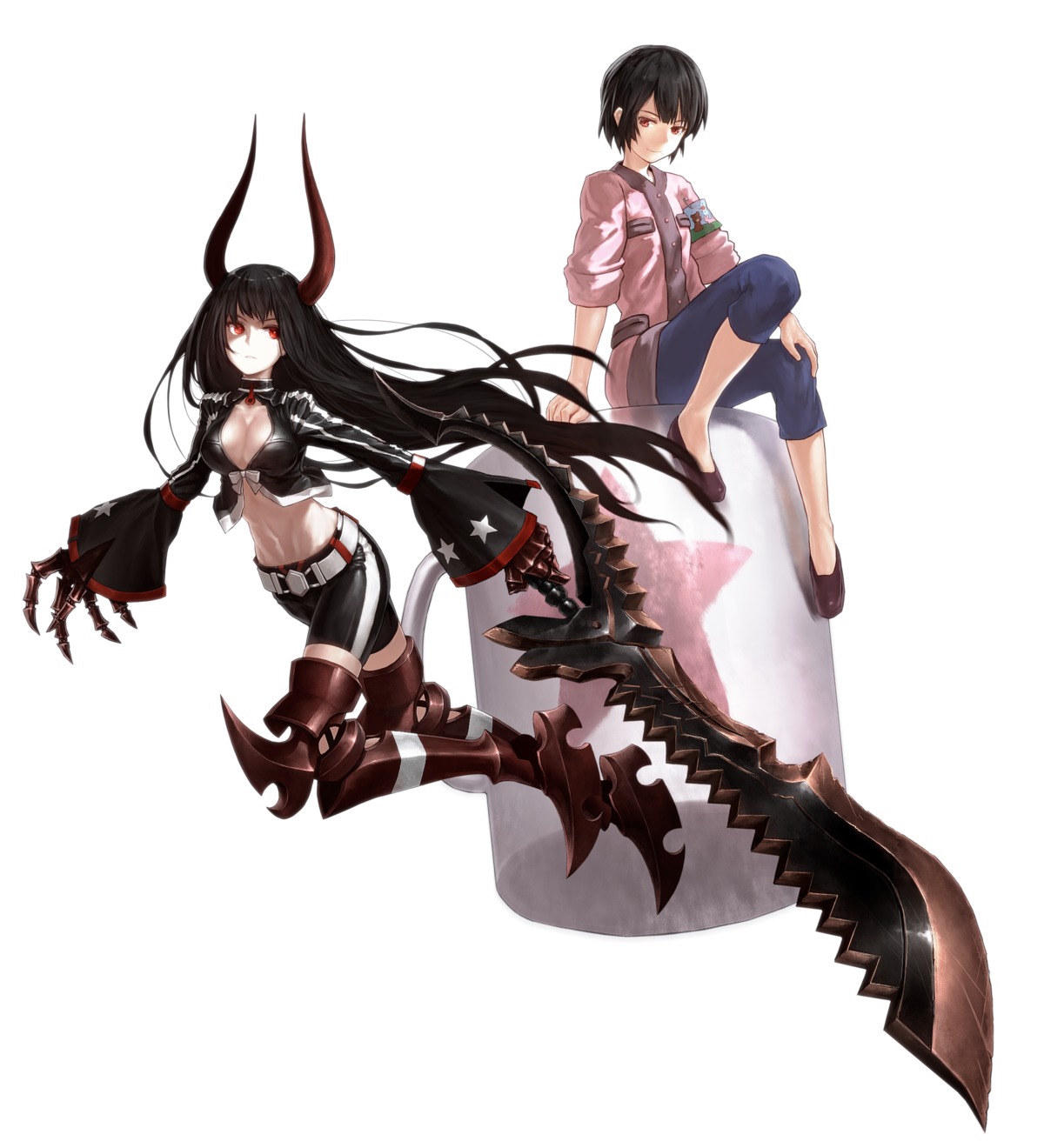 black_gold_saw, black_rock_shooter, cleavage, horns, irino_saya, lain, sword, thighhighs