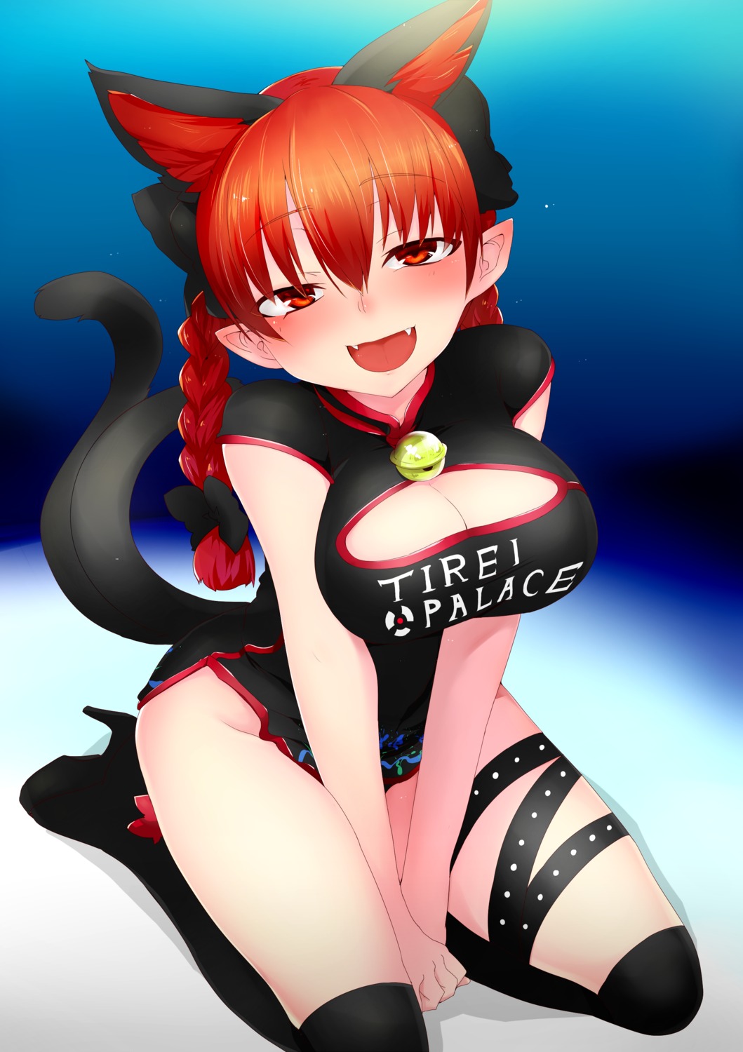 cleavage, kaenbyou_rin, mizuga, pointy_ears, thighhighs, touhou