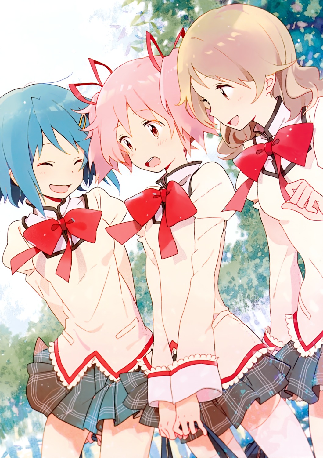 kaname_madoka, mahou_shoujo_madoka_magica, miki_sayaka, niwa, seifuku, shizuki_hitomi, thighhighs