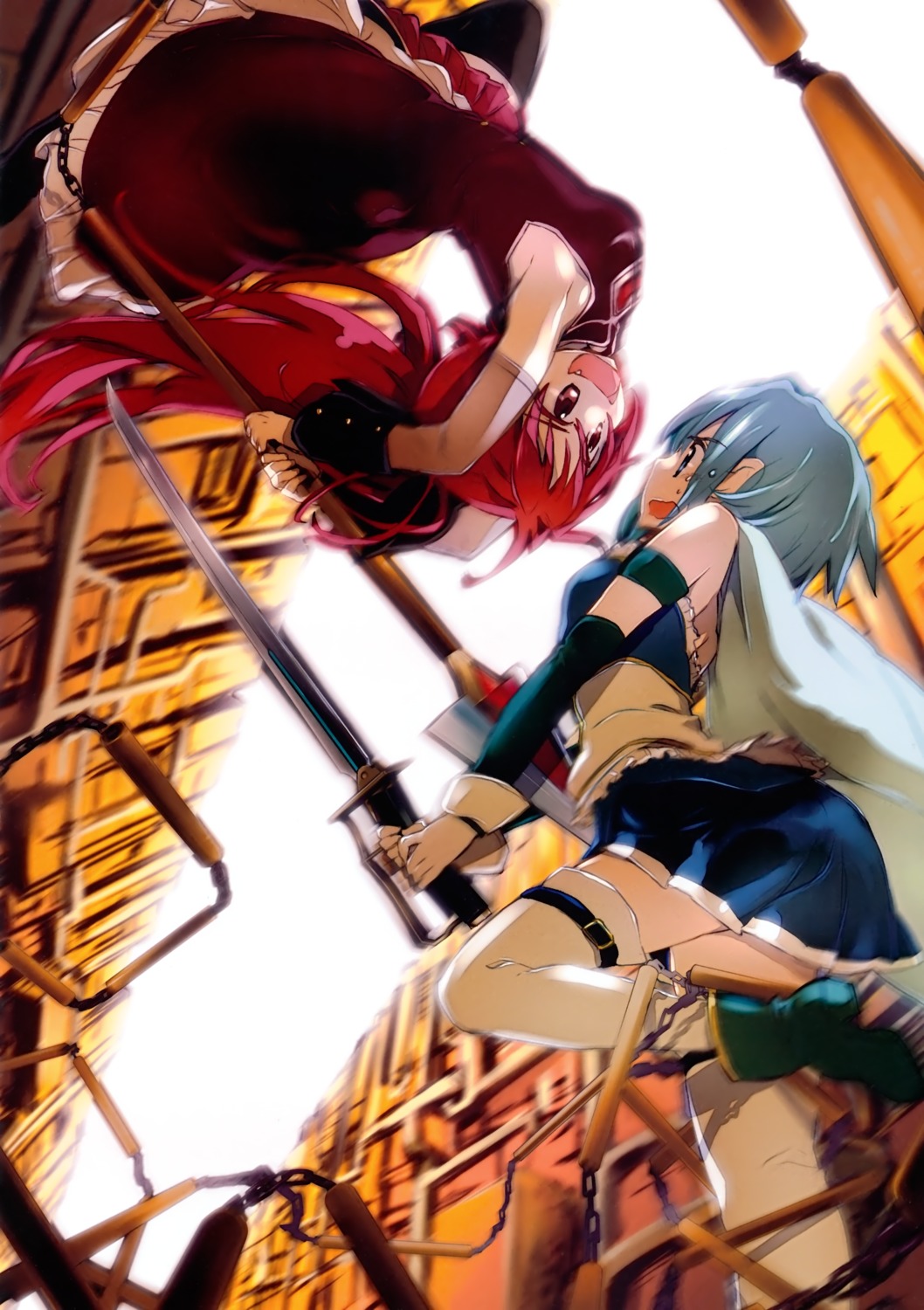 james_hotate, mahou_shoujo_madoka_magica, miki_sayaka, sakura_kyouko, sword, thighhighs