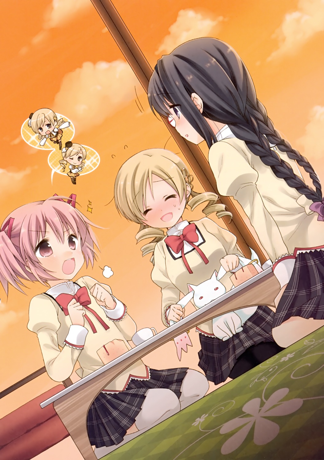 akemi_homura, chibi, kaname_madoka, kyubey, mahou_shoujo_madoka_magica, megane, pantyhose, seifuku