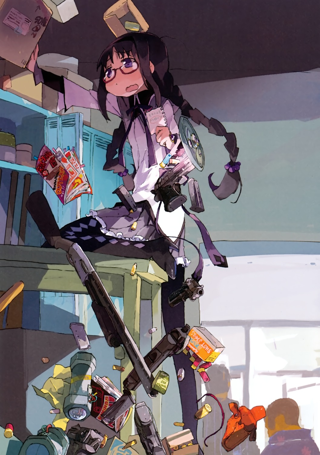 akemi_homura, gun, hashimoto_shin, mahou_shoujo_madoka_magica, megane, pantyhose