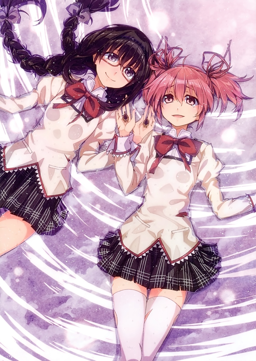 akemi_homura, hakui_ami, kaname_madoka, mahou_shoujo_madoka_magica, megane, seifuku, thighhighs